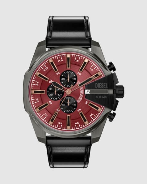 Diesel Mega chief slim chronograph black leather watch in gunmetal - view 1