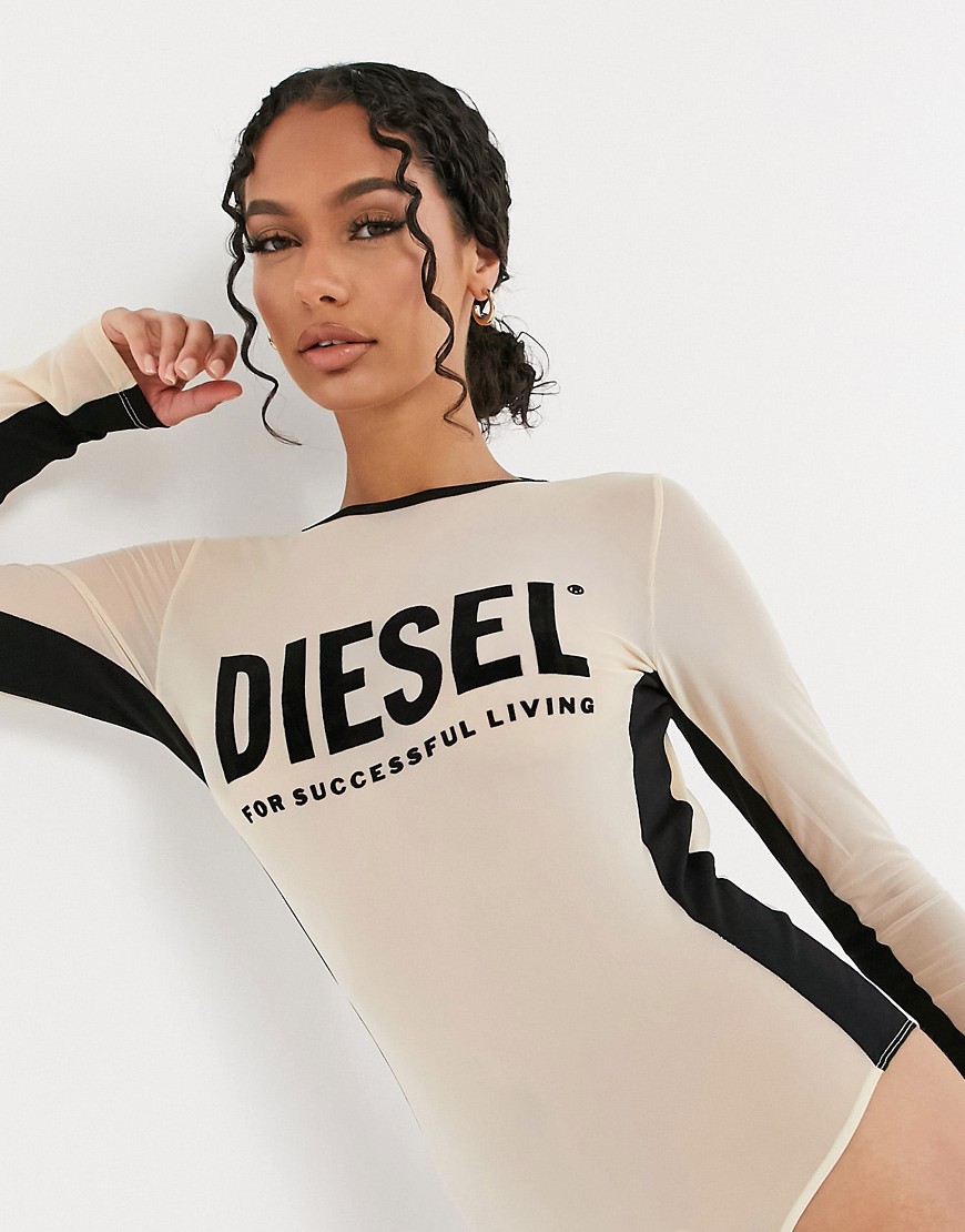 Diesel mesh panel bodysuit with logo in beige-Cream
