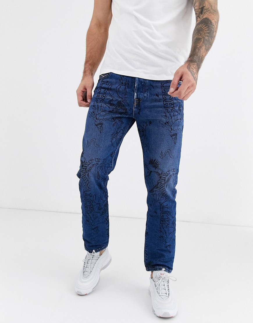 Diesel - Mharky-SP - Jaren 90 slim-fit doodle jeans in 0078S mid wash-Blauw