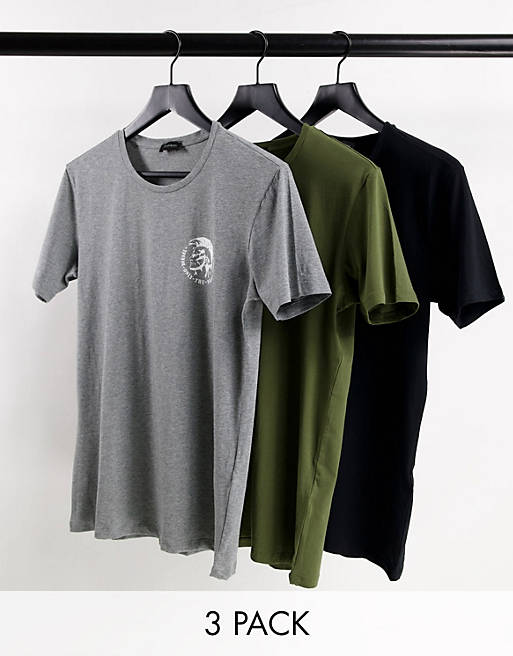 Diesel randall 3 pack t-shirts in khaki/black/grey