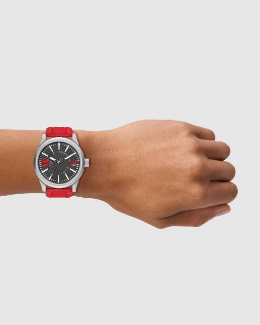 Diesel Rasp nsbb three-hand red silicone watch in silver, 3 of 4