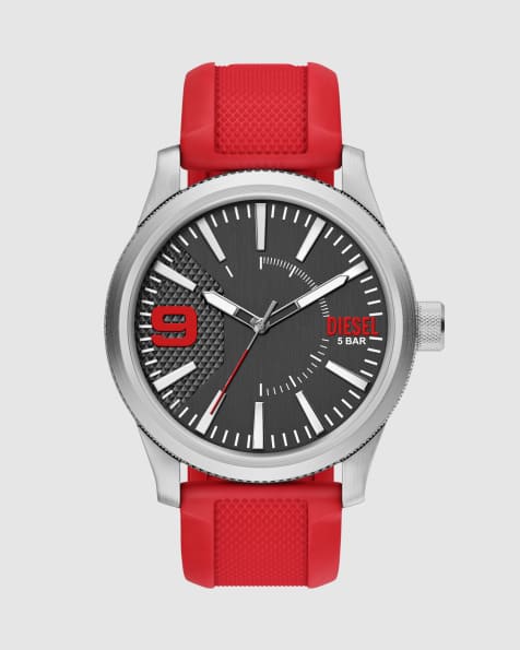 Diesel Rasp NSBB Uhr mit drei Zeigern und rotem Silikonarmband in Silber - view 1