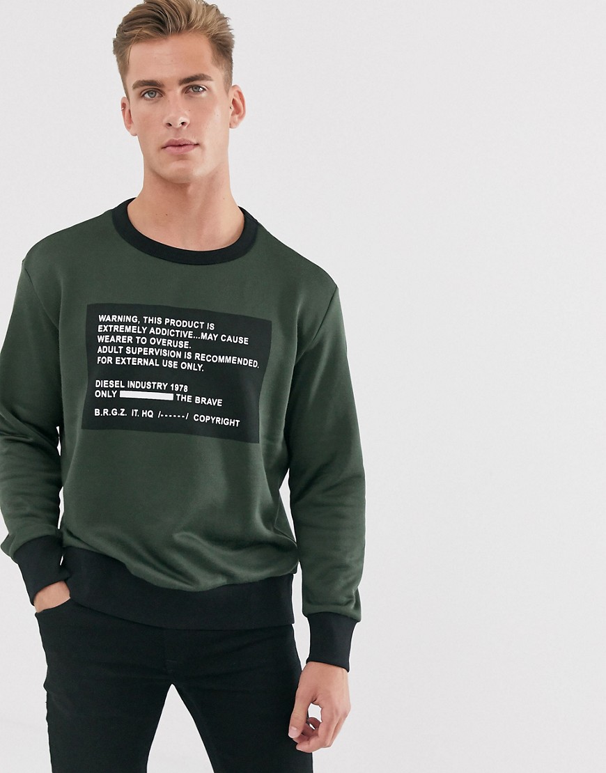 Diesel – S-Bay-Mesh – Kakifärgad sweatshirt med texttryck-Grön