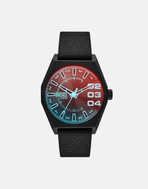 Diesel – Scraper – Herrenuhr mit drei Zeigern und Armband aus schwarzem Leder - view 1
