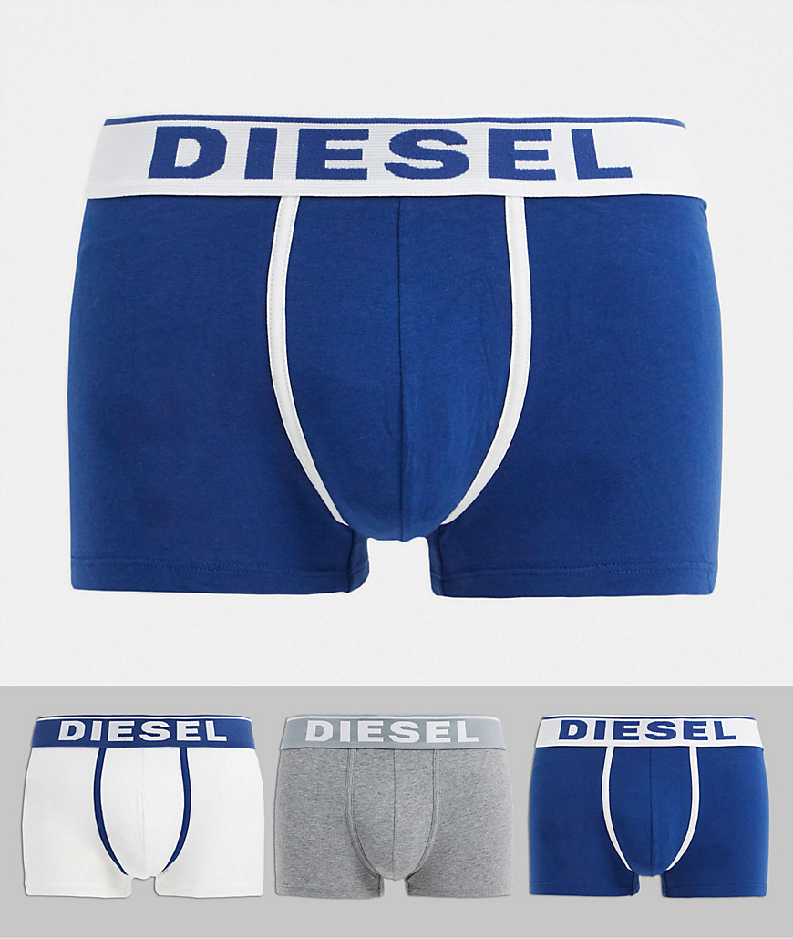 Diesel - Set van 3 boxershorts met logo en contrasterende biezen in wit/grijs/blauw-Multi
