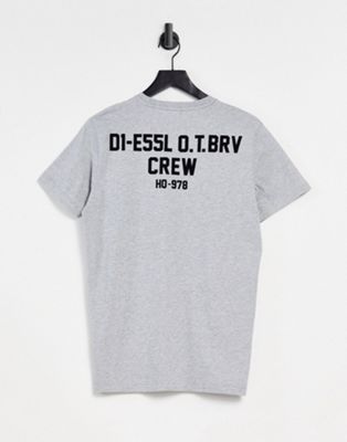 Diesel – T-Diegos-N26 – T-Shirt mit rundem Flockdruck-Logo und rückseitigem Print in Grau
