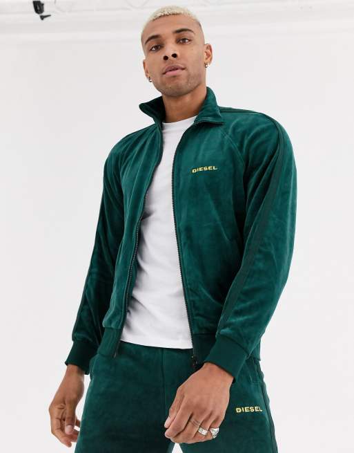 Diesel Umlt Max CZ zip thru velour lounge track jacket in green