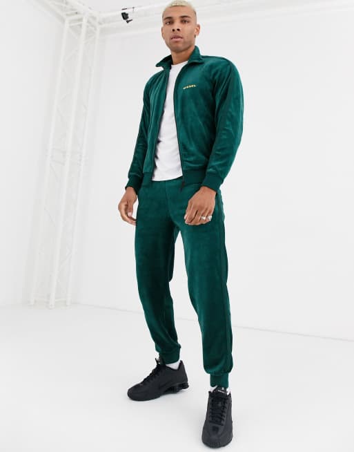 Diesel Umlt Max CZ zip thru velour lounge track jacket in green