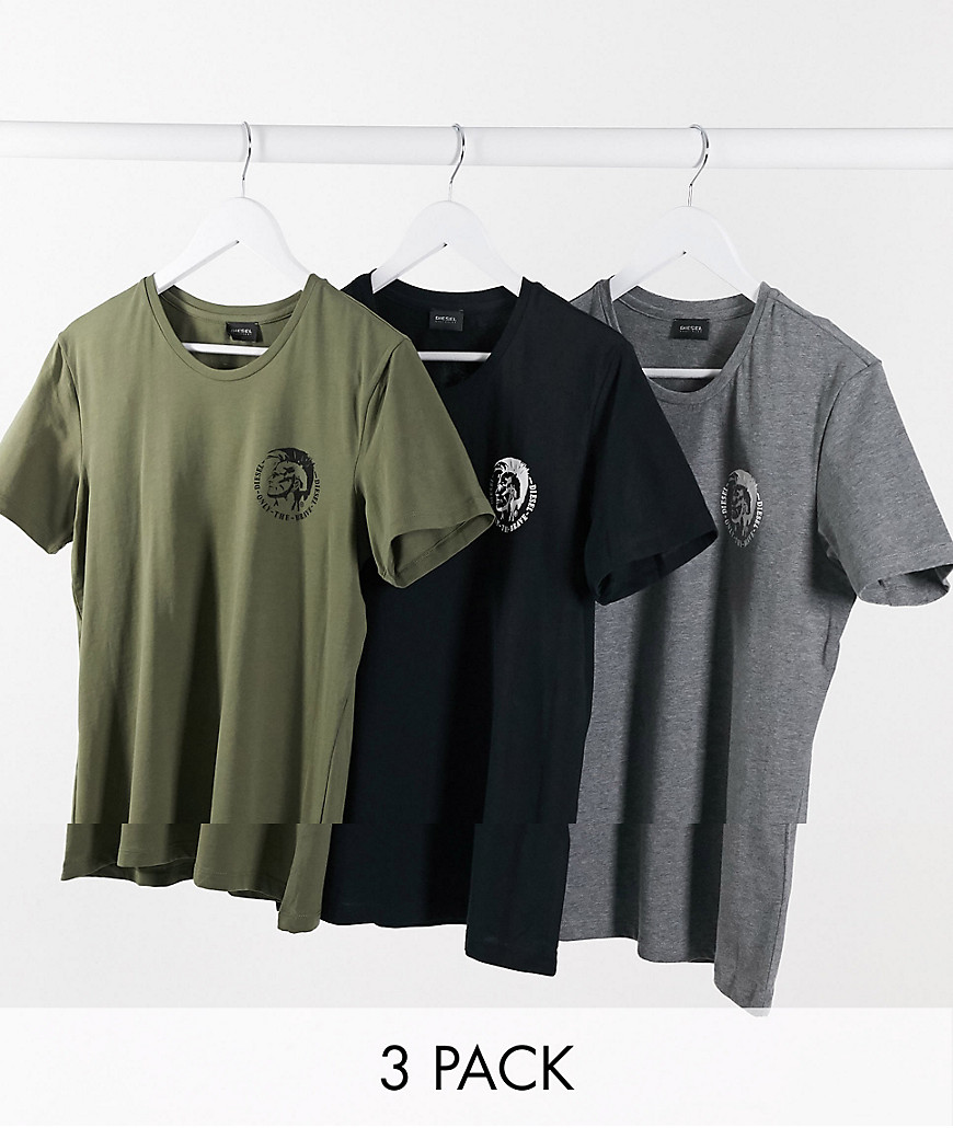 Diesel UMTEE-Randal 3 pack mohawk logo lounge t-shirts in black/grey marl/khaki-Multi