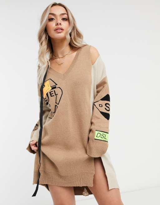 Diesel - Vestito maglia oversize color cuoio con fascetta e ricami
