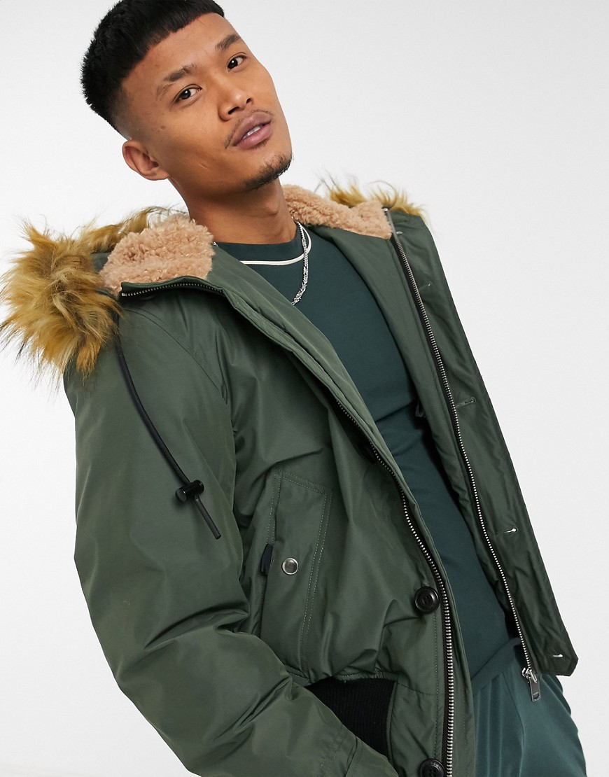 Diesel W-Jame padded hooded jacket with detachable faux fur collar in khaki-Green