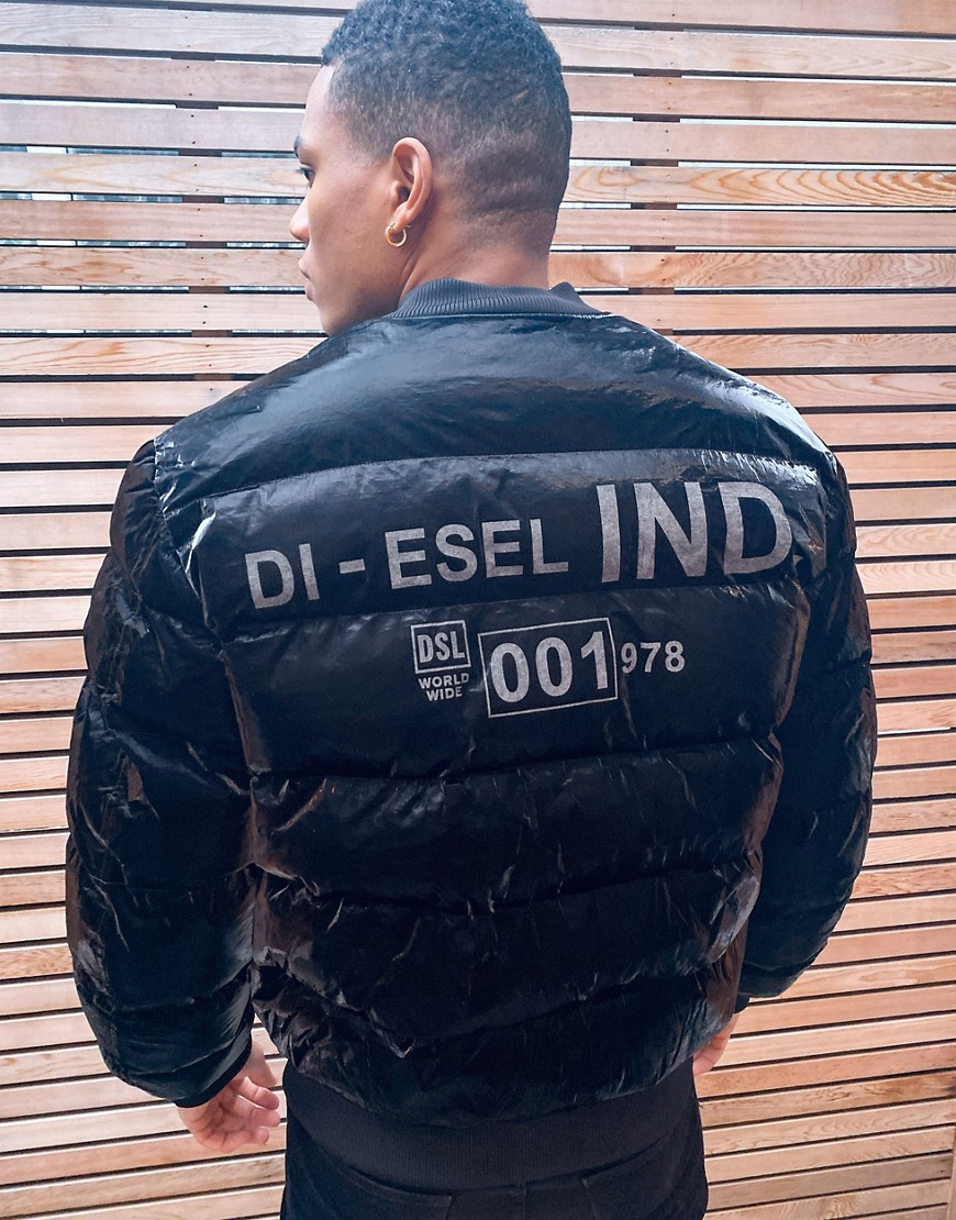 Diesel W-On-A shiny puffer jacket in black