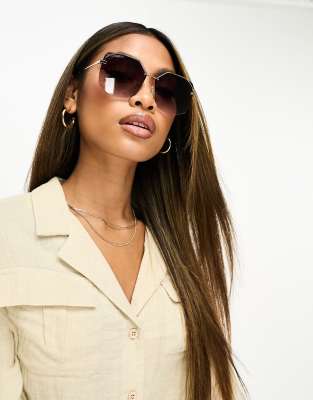 DIFF Bree hexagonal polarised sunglasses in gold with brown gradient lens