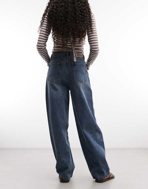 Dime baggy fit logo patch jeans in midwash blue, 2 of 5