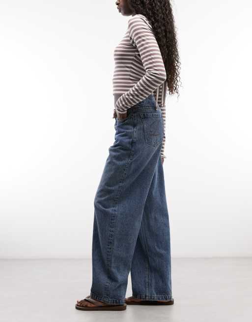 Dime baggy fit logo patch jeans in midwash blue, 3 of 5