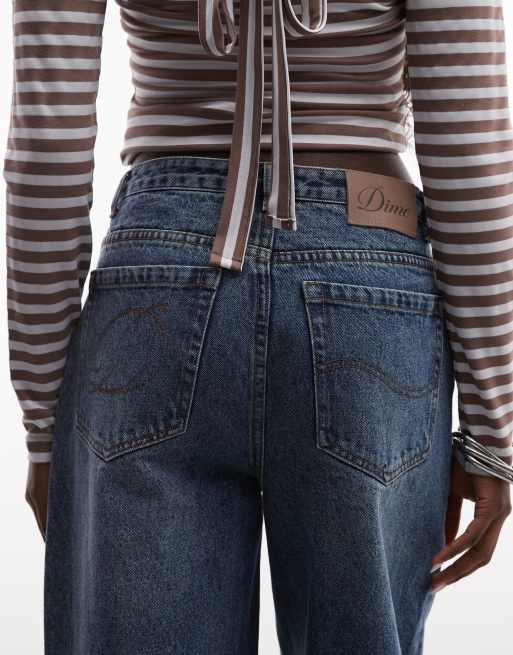 Dime baggy fit logo patch jeans in midwash blue, 4 of 5
