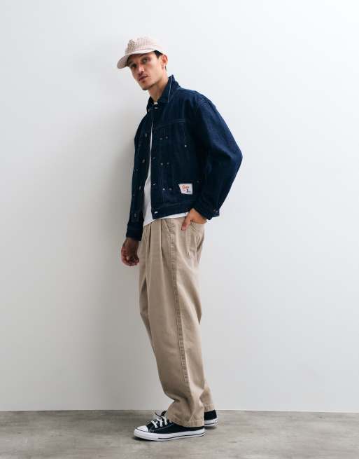 Dime boxy fit pleated logo patch denim jacket in indigo wash, 4 of 5