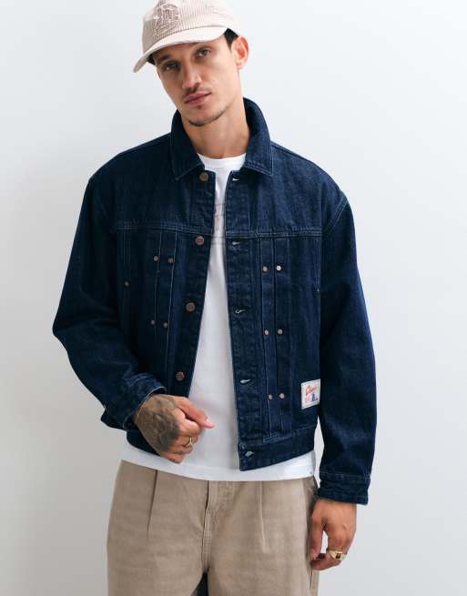 Dime boxy fit pleated logo patch denim jacket in indigo wash, 5 of 5