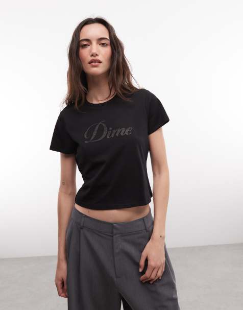 Dime cursive crochet applique logo baby tee in black - view 1