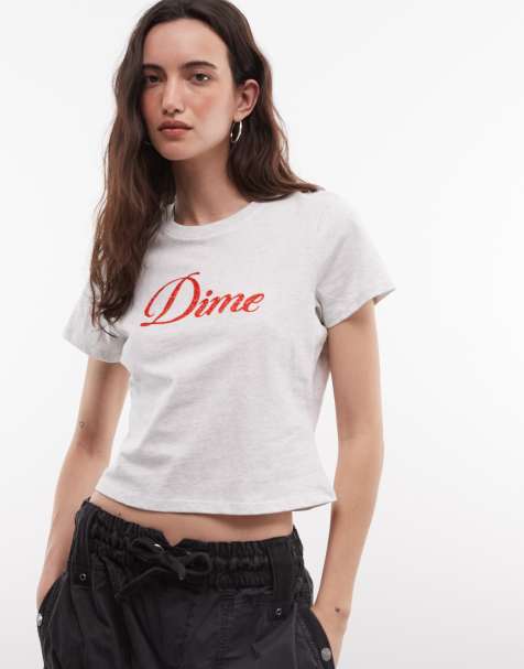 Dime cursive crochet applique logo baby tee in grey