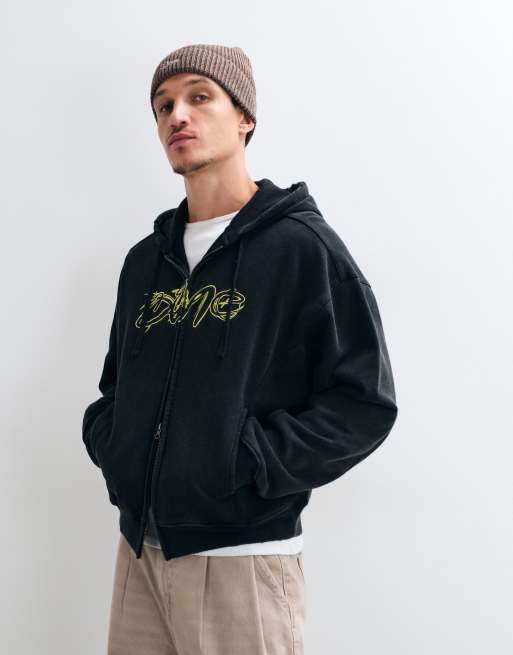Dime felpa con cappuccio a doppia zip con logo effetto invecchiato, nero slavato, 2 di 5