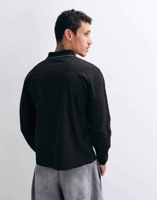 Dime jacquard long sleeve logo polo shirt in black, 3 of 5