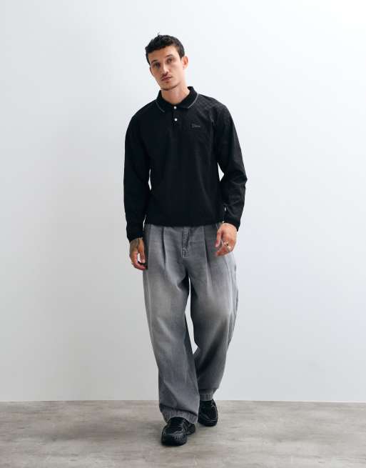 Dime jacquard long sleeve logo polo shirt in black, 4 of 5