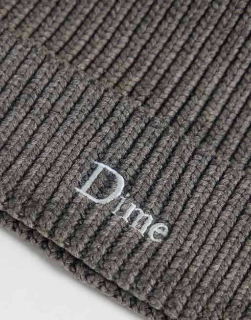 Dime knitted rib logo beanie in dark grey, 2 of 3