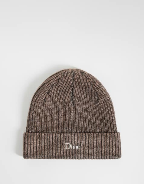 Dime knitted rib logo beanie in oak brown - view 1