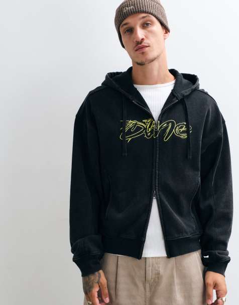 Dime premium distressed logo double zip hoodie in washed black - view 1