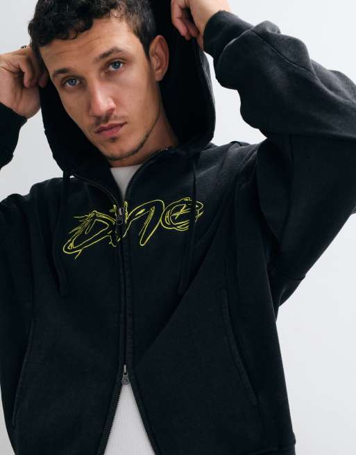 Dime premium distressed logo double zip hoodie in washed black, 5 of 5
