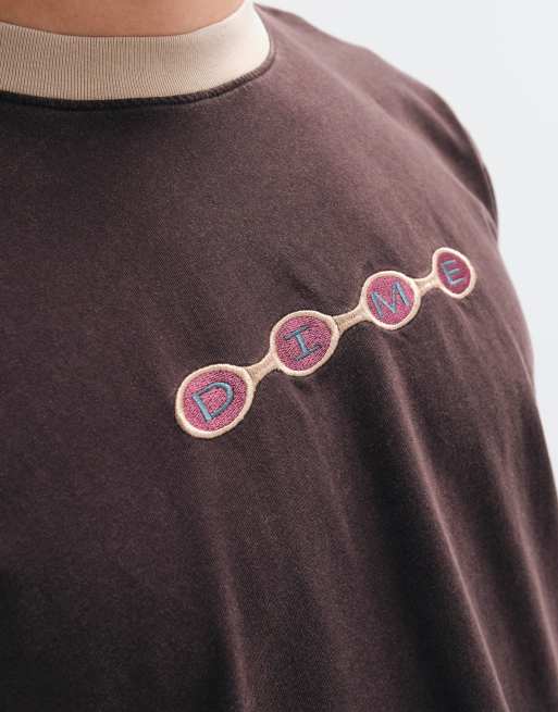 Dime space logo regular fit ringer t-shirt in brown, 3 of 5