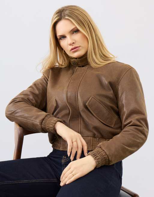 Disstressed real leather short jacket jacket with funnel neck, 5 of 5