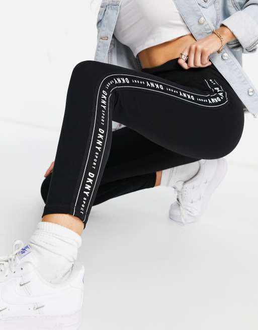 DKNY Women's Logo Tape High Waisted 7/8 Compression Legging, Black/Black