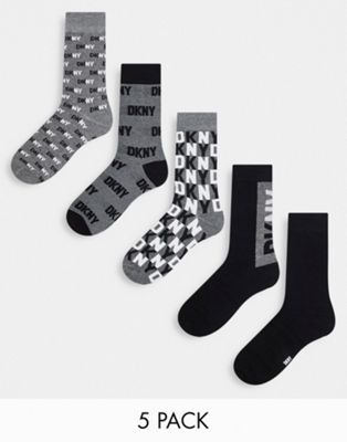 DKNY Blake 5 pack socks in black grey and white print