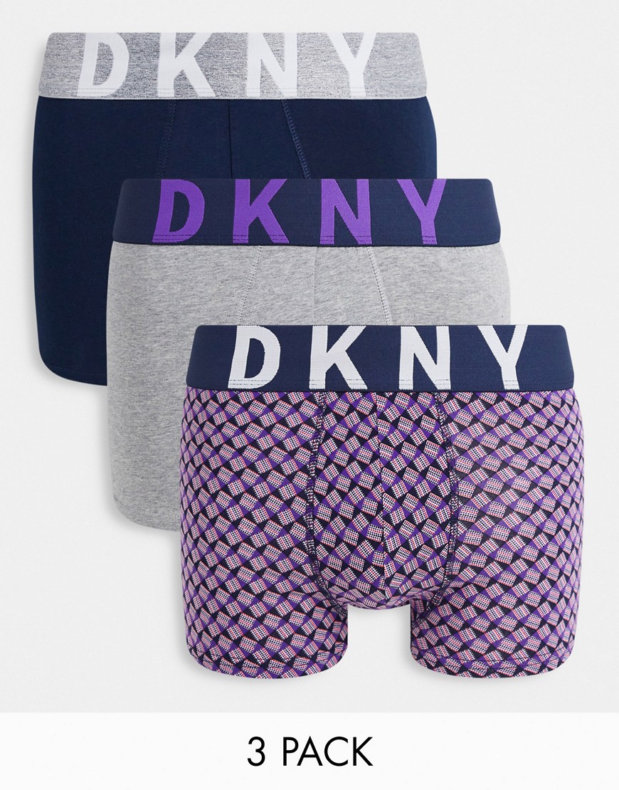 Dkny Brea 3 Pack Trunks In Navy Grey And Purple Print