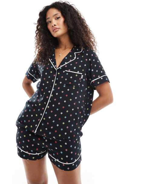 DKNY Breezing through short sleeve notch top & boxer sleep set in black logo - view 1