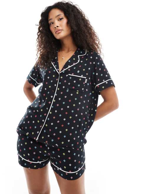 DKNY Breezing through short sleeve notch top & boxer sleep set in black logo