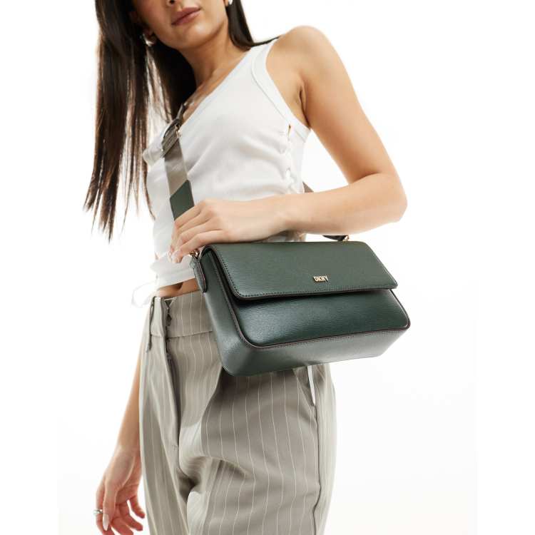 DKNY Bryant leather flap crossbody bag with webbing strap in green ASOS