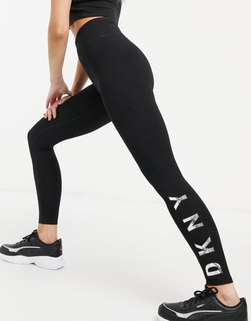 DKNY Women's High Rise Logo Leggings, Black Cityscape, XS 