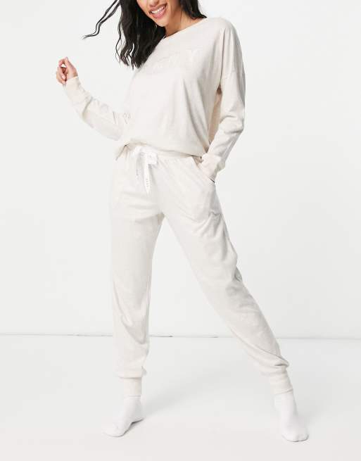 DKNY - Completo da casa con felpa super morbida e joggers con logo, colore avena