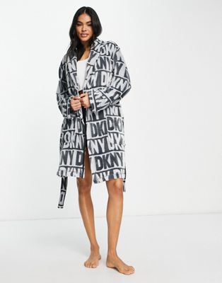 DKNY cosy chenille logo printed gift wrapped dressing gown in grey