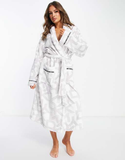 DKNY cosy chenille logo printed long dressing gown in grey/white | ASOS