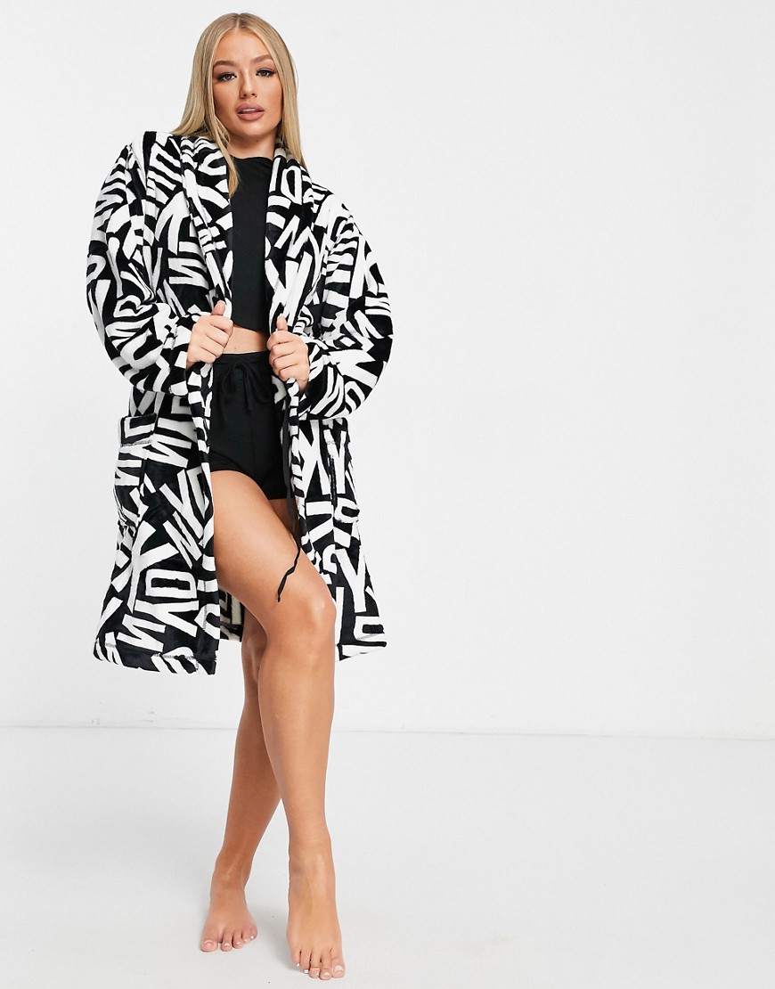 DKNY cosy logo printed gift wrapped robe in black-Multi