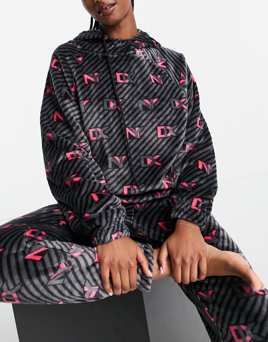 DKNY cosy sherpa hoodie and jogger set in all over black + pink logo print