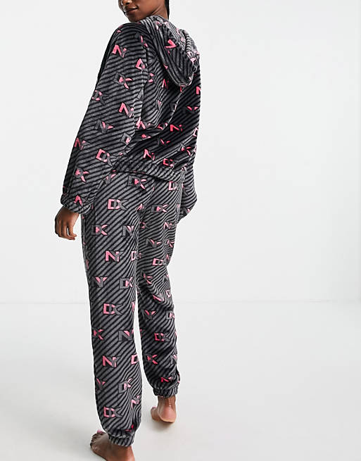 Loungewear DKNY cosy sherpa hoodie and jogger set in all over black + pink logo print 