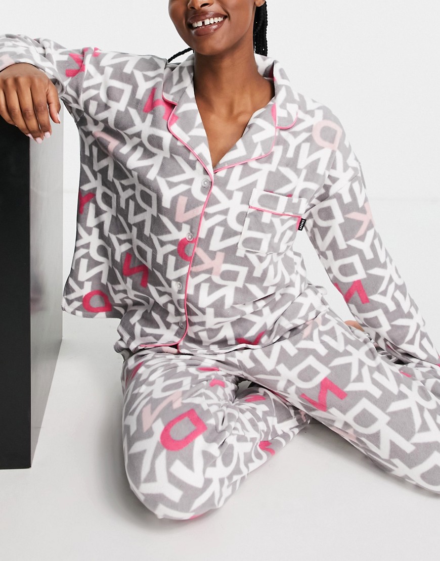 DKNY cosy stretch fleece gift wrapped logo printed revere pyjama set in grey/pink