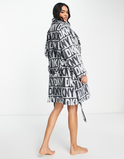 DKNY cozy chenille logo print gift wrapped robe in gray