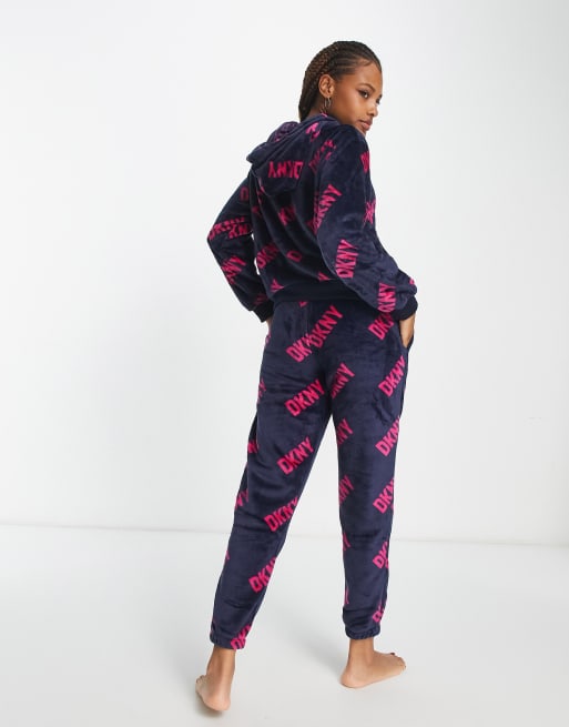 DKNY cozy chenille logo printed hoodie and sweatpants set in navy