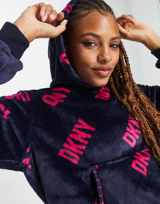 DKNY cozy chenille logo printed hoodie and sweatpants set in navy